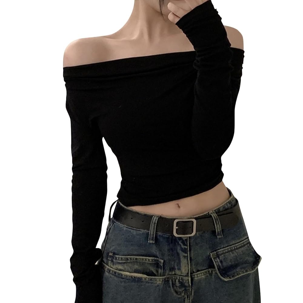 Sexy Off Shoulder Tops Women Dressy Long Sleeve Asymmetrical
